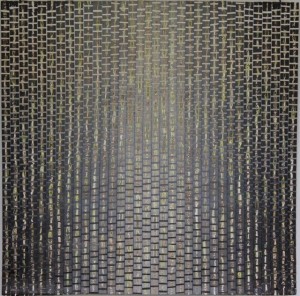 Titel: “Malet tråd bag gitter 4, 2004”, malet papir. Dimensioner: 40 cm x 40 cm.